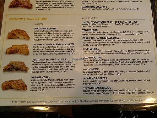 menu of vegan/veg options at New York Grilled Cheese in Boca Raton