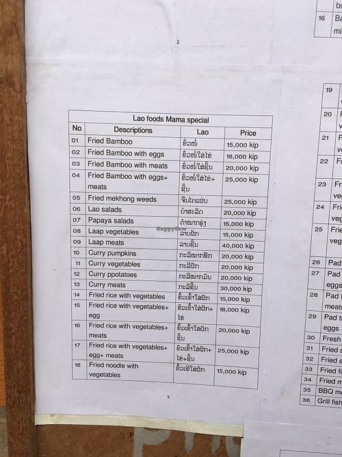 Menu  at Mama Lao in Nong Khiaw