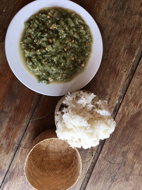 Vegetable laap with sticky rice   at Mama Lao in Nong Khiaw