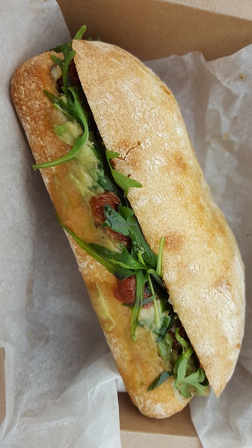 Ciabatta with black olive pate, sun dried tomatoes and avocado at Vesuvius Cafe in Maidstone