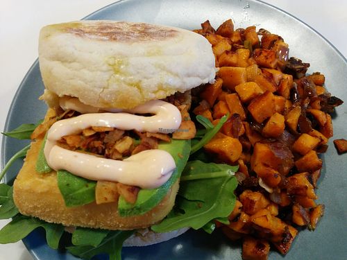 Breakfast sandwich with yam hash at Sprout in Nelson