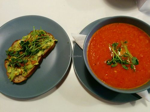 Roasted red pepper soup and avo toast at Sprout in Nelson