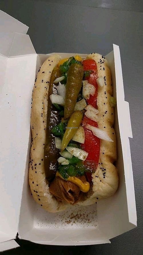 Vegan hot dog called the Rad Dog.  Chicago style.  Locally homemade vegan hotdogs that are delicious and taste nothing like packaged hot dogs!! at Relish in Griffith