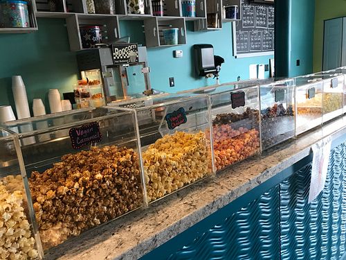 Vegan gourmet popcorn! (vegan caramel, vegan cheddar, vegan dragons breath, vegan chocolate cayenne) at Relish in Griffith