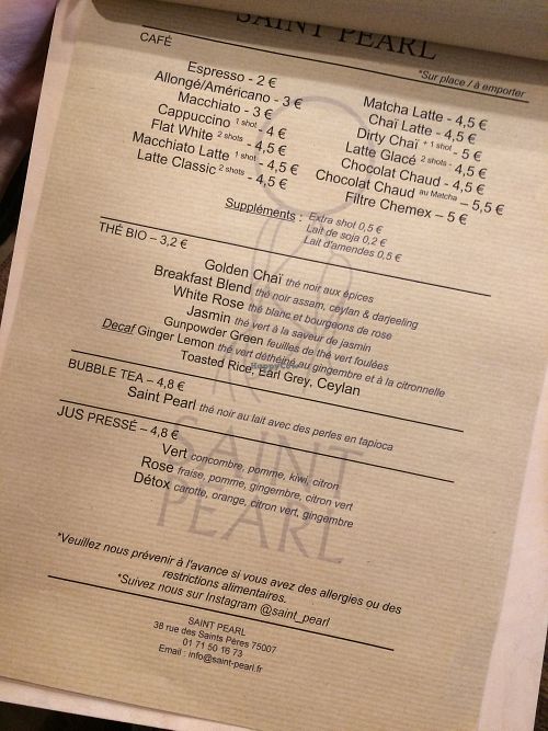 second page of menu
 at Saint Pearl in Paris