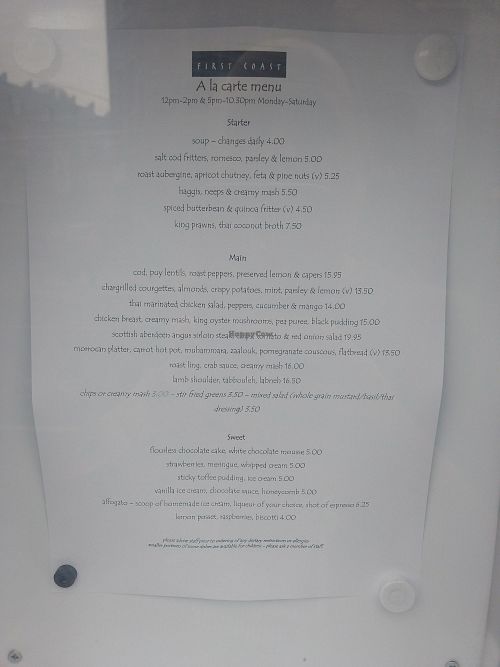 Regular menu at First Coast Restaurant in Edinburgh