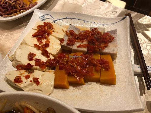 Steamed tofu, pumpkin and taro with chili at Tin Chu Chi Hong Vegetarian in Kowloon