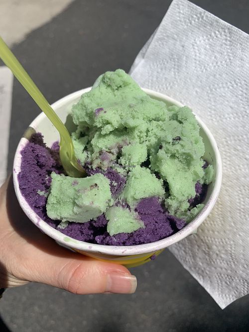 Ube and mint cookie vegan ice cream!  The Ube was fire!!!   at Buffalo Pizza and Ice Cream in Sacramento