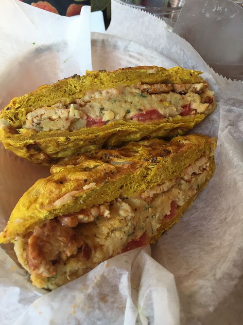 Chickapea "egg" cheese and tempeh "bacon"
Yum! at Sol Sips in Brooklyn