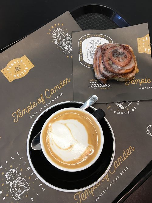 Most amazing cinnamon bun and flat white  at Temple of Seitan - Camden in North West London