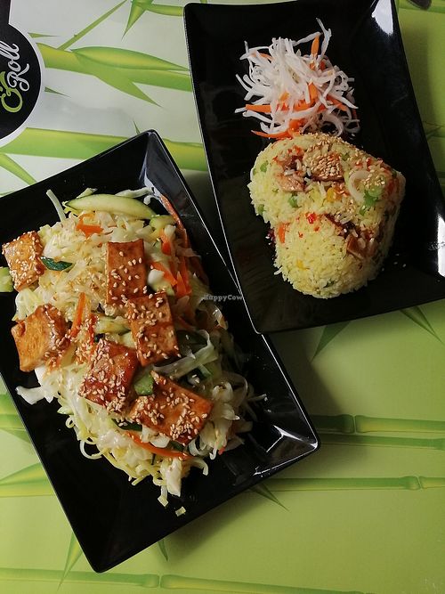 Fried rice and fried rice noodles, both with tofu at Wok & Roll in Celje