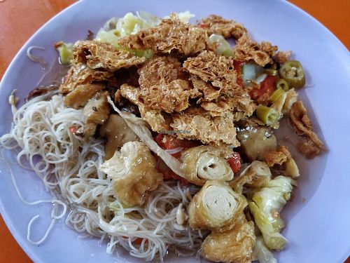 Bee hoon with cabbage, fried goose and mock stuff at Shun Cheng Vegetarian Stall in Central Singapore