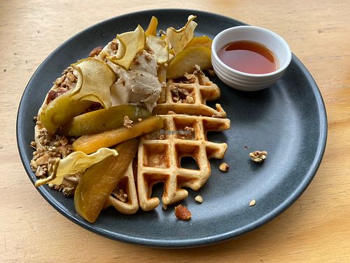 Vegan waffles, apple and homemade vegan icecream   at Small Graces in Footscray