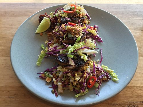 Sweet potato and coconut fritters with Thai style salad  at Small Graces in Footscray