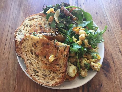 Pumpkin, hummus, rocket and dukkah toastie with two salads (cauliflower salad and sweet potato salad) at Small Graces in Footscray