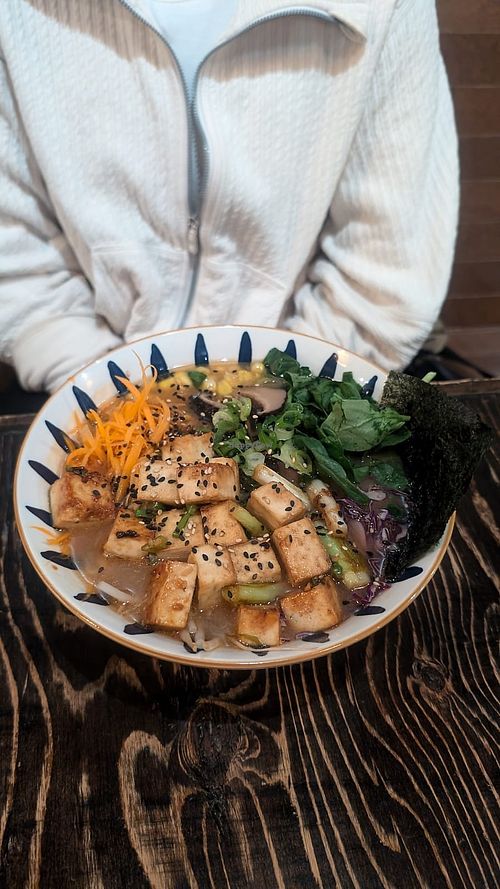 Veggie ramen with tofu (you need to ask to add & an extra $3)  at Bad Bones Ramen in St Johns