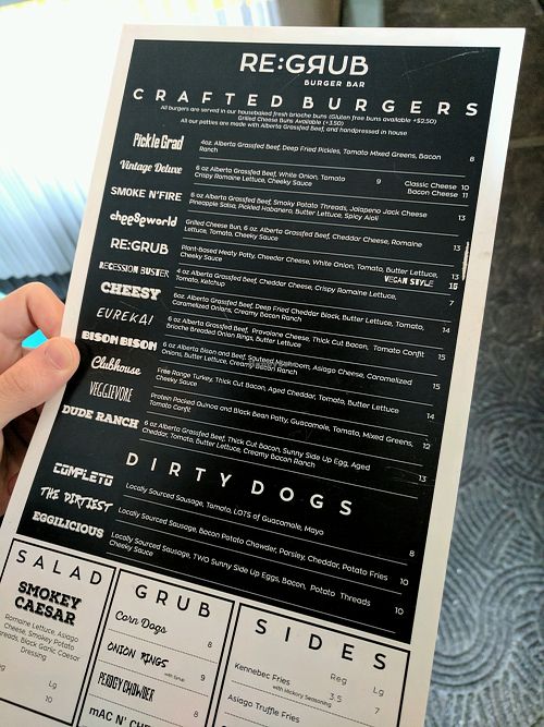 Menu - front side at Regrub Burger Bar in Calgary