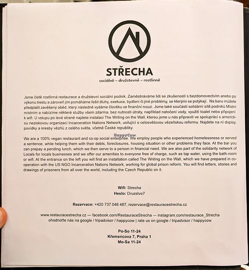 Menu page at Strecha at Střecha in Prague