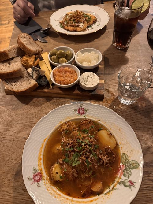 Pancakes, cheese plate and cabbage soup    at Střecha in Prague