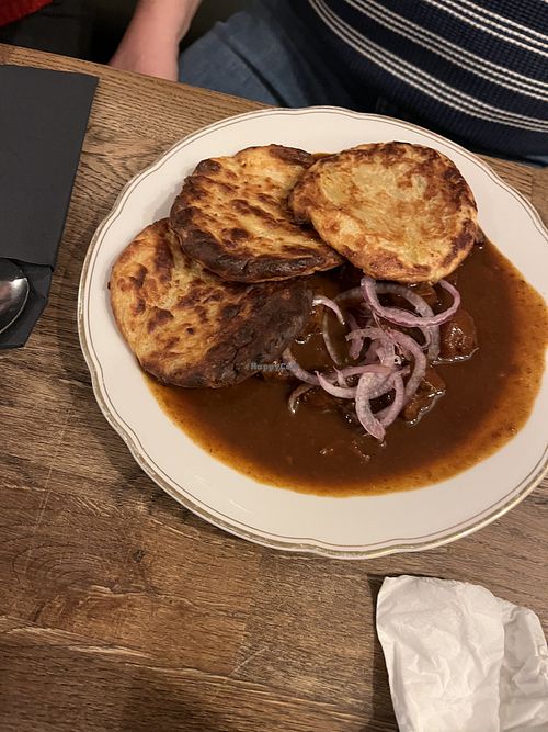 Seitan with pancakes   at Střecha in Prague