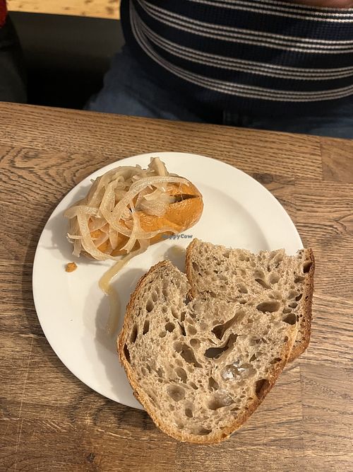 Pickled vegan sausage with bread   at Střecha in Prague