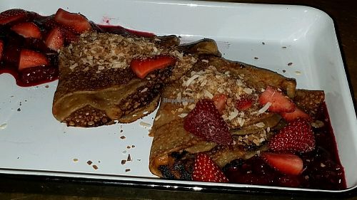 crepes with strawberries at brunch at The Dankness Dojo by Modern Times Beer in Los Angeles