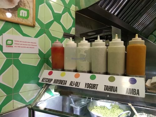 Vegan sauces at Maoz in Barcelona