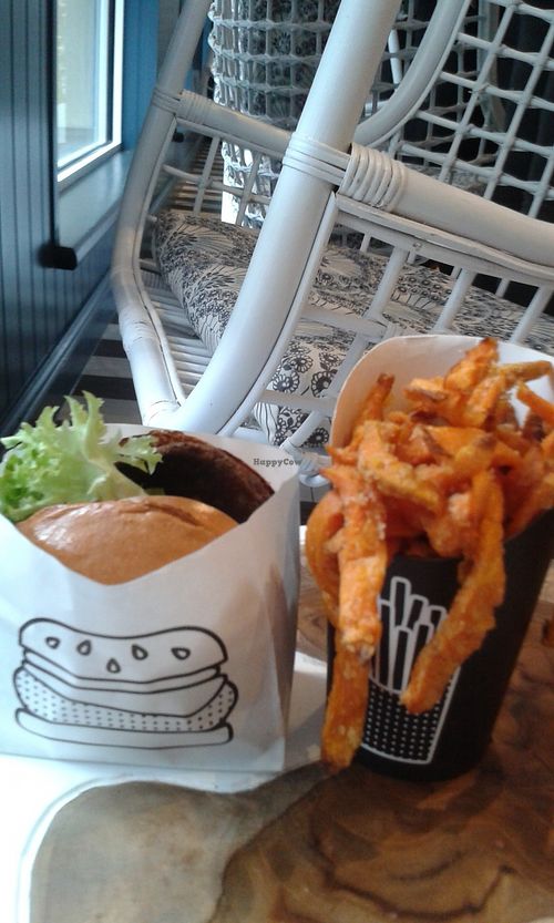 Hamburger and air baked sweet potato fries at By Chloe - Covent Garden in London