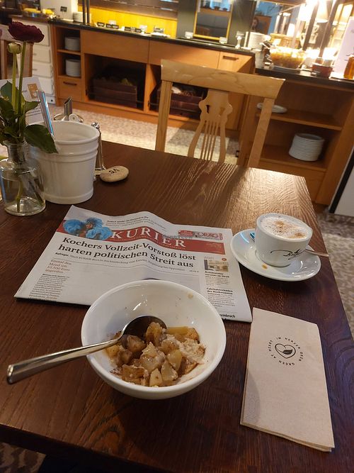 Porridge and oat milk cappuccino at Hotel Stadthalle in Vienna