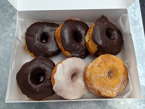 Half dozen vegan donuts at Johnny Doughnuts in San Francisco