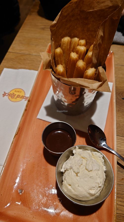 CHURROS as dessert!!! Amazing, with choc sauce and vanilla ice cream at Hard Rock Cafe in Innsbruck