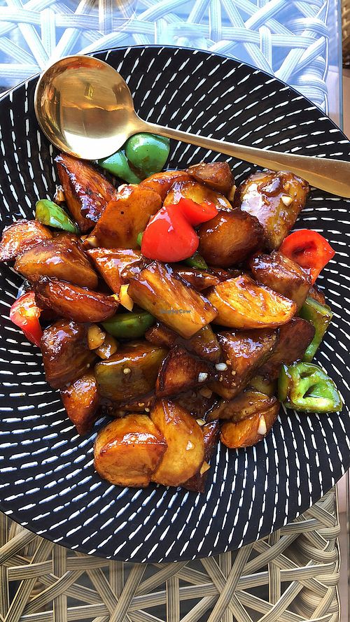 Stir fried eggplant, capsicum and potato with soy sauce at Olinda Tea House in Olinda