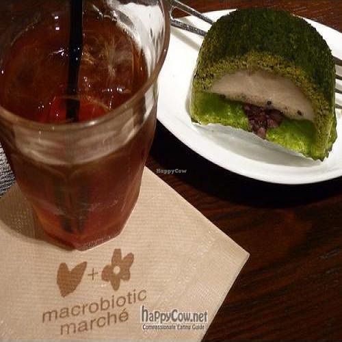 Iced tea, green tea and soy milk cake. at The Biokura Cafe in Tokyo