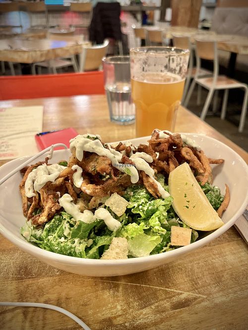 Caesar Salad with “kalamari"  at MeeT in Yaletown in Vancouver