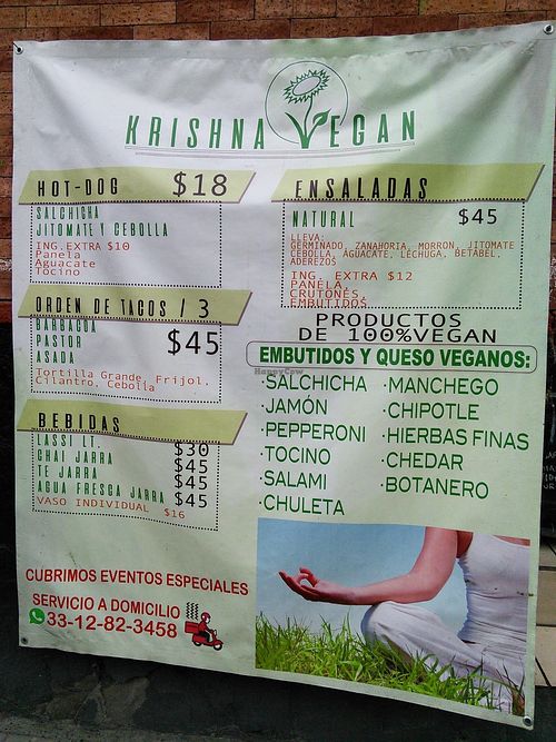 Menu sign at Krishna Vegan in Guadalajara