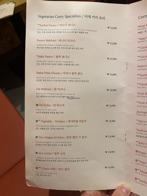 Vegan/Vegetarian Menu at Indian Cuisine Masala in Jeonju