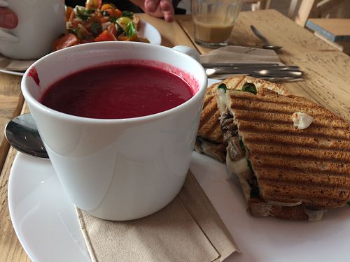 Beetroot soup and mushroom toastie  at Steep & Filter in Skipton