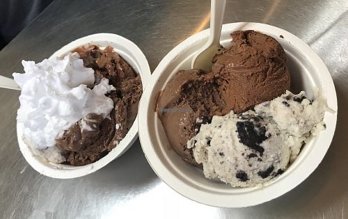 Vegan ice cream - chocolate salt malt, cookies-n-cream, and original chocolate - with vegan whipped cream. at The Pop Shop in Frederick