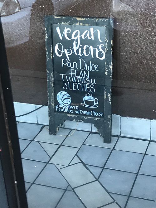 Sign promoting vegan options  at  Panaderia Cafe Oaxaca in Clovis