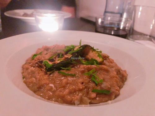 Mushroom risotto with vegan cheese at Restaurante Esperança in Lisbon