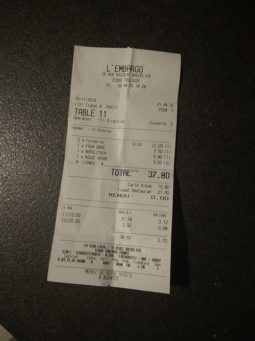 Total bill of the dinner for two at L'Embargo in Toulouse