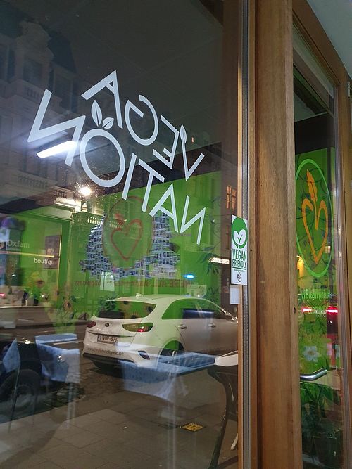 Picture taken from inside, we sat next to the entrance door at Veganation in Antwerpen