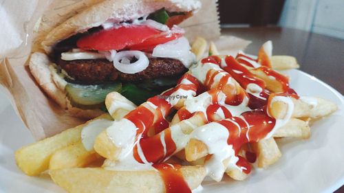 Cheeseburger with  veggie patti at Vegan 365 Kitchen in Skopje