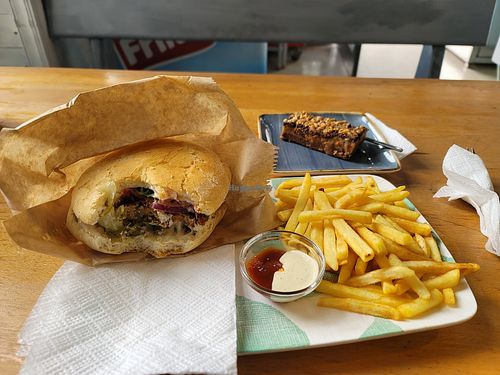 Veggie burger and fries at Vegan 365 Kitchen in Skopje