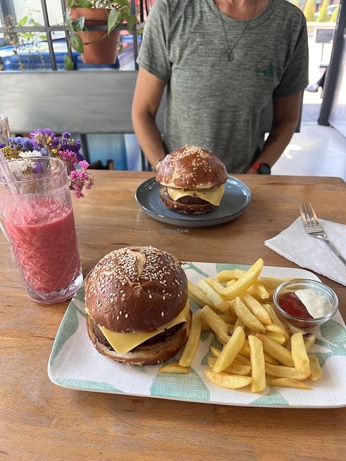 Burgers and smoothie   at Vegan 365 Kitchen in Skopje