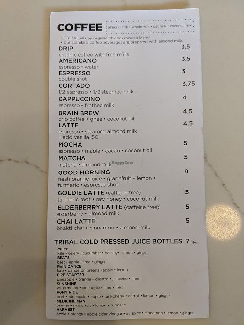 Coffee and juices at Tribal All Day Cafe in Dallas