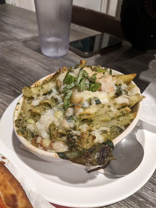Vegan chicken pesto pasta. Delicious! at Red House Pizza in San Diego