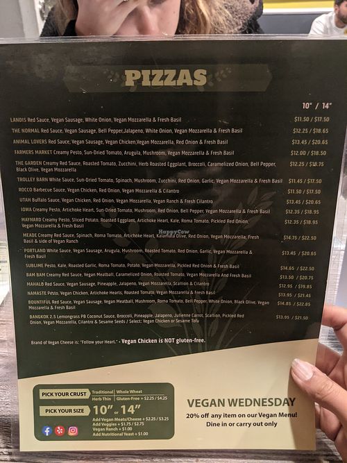 Vegan menu at Red House Pizza in San Diego