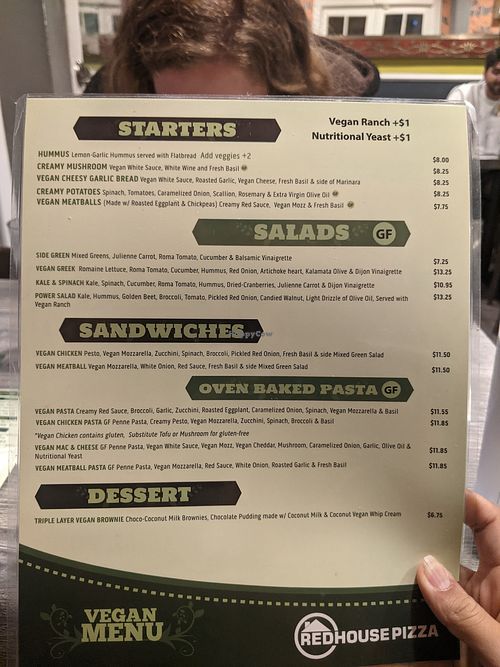 Vegan menu at Red House Pizza in San Diego