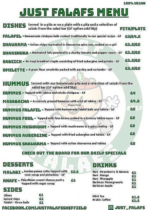 Menu at Just Falafs in Sheffield